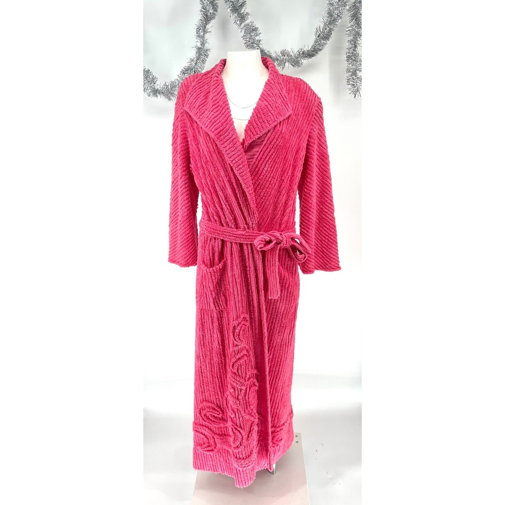 1940s Pink Chenille Robe Scrollwork Shawl Collar Wrap Dressing Gown